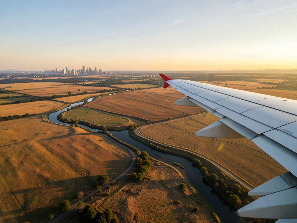 Late afternoon airplane wing view above golden Central