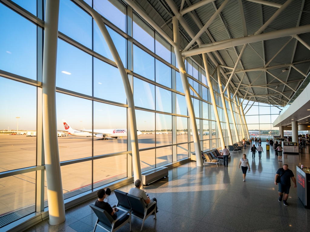 Morning light inside modern Angeles airport concourse with