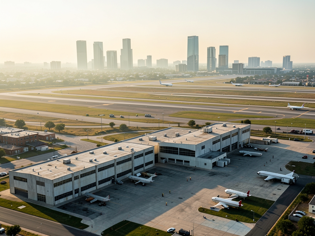 Wide aerial view contrasting airfields separated sprawling Dallas