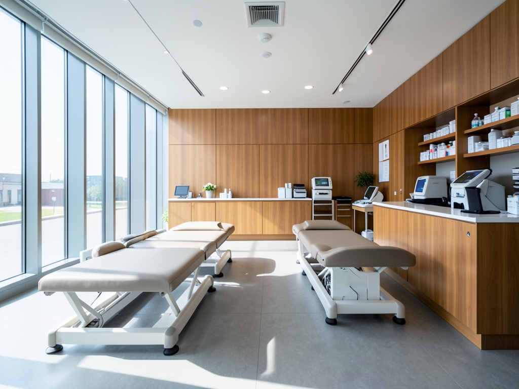 Clean modern physical therapy clinic interior with treatment