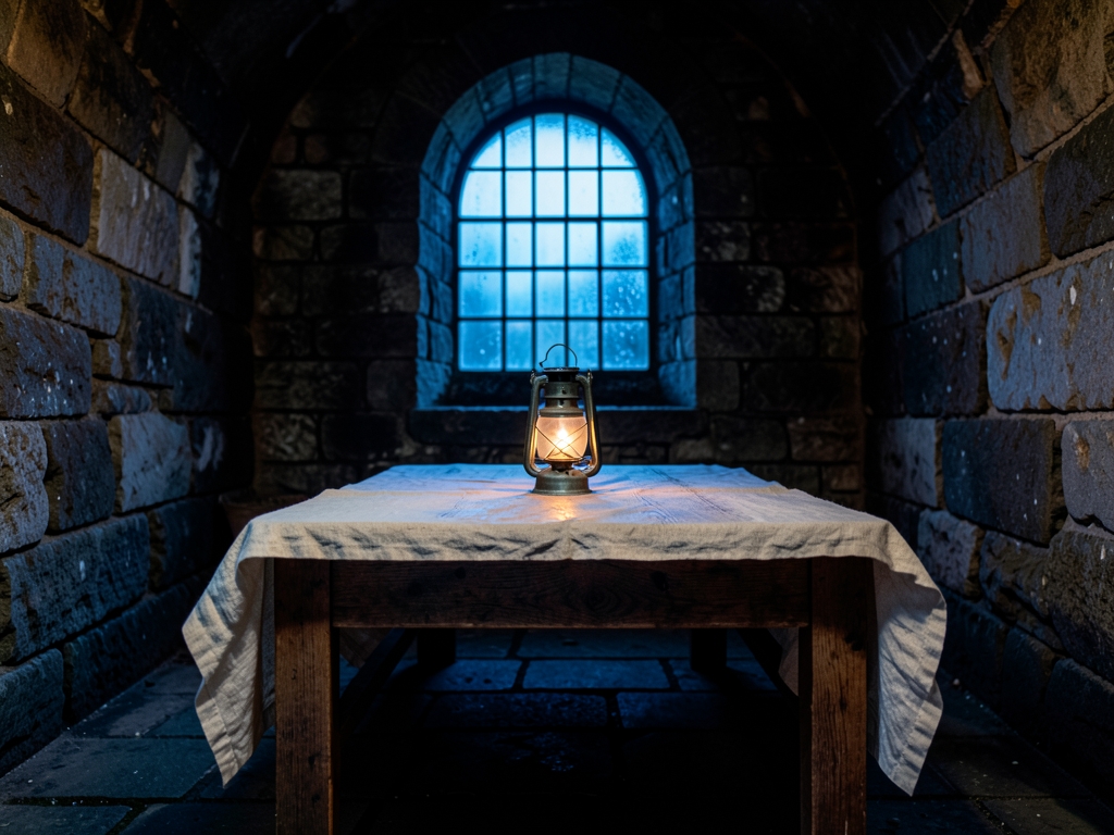 dark stone walled cellar dusk long table holding coarse