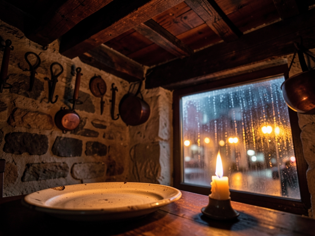 Dimly rustic tavern interior with heavy wooden beams