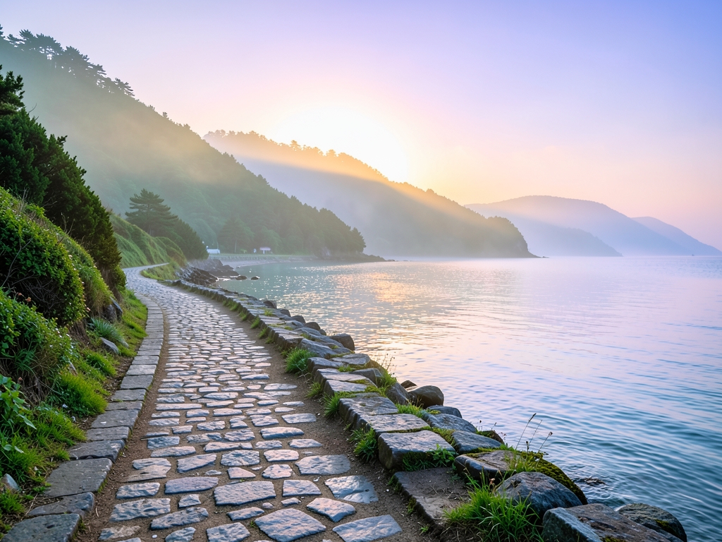 Tranquil coastal walking path sunrise with soft mist