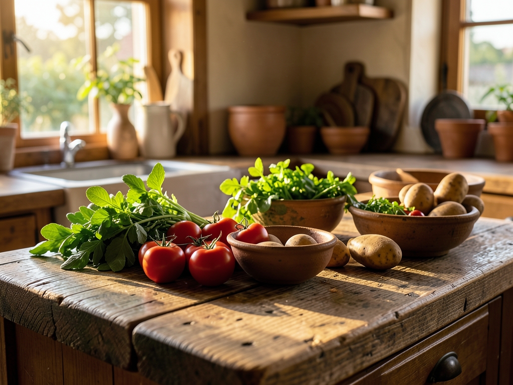 Sunlit rustic kitchen with wooden counters holding fresh