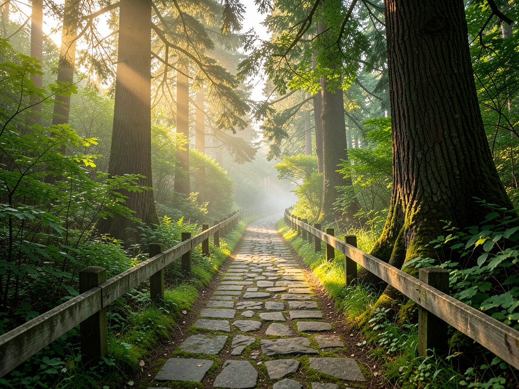 peaceful morning forest path splitting into trails under