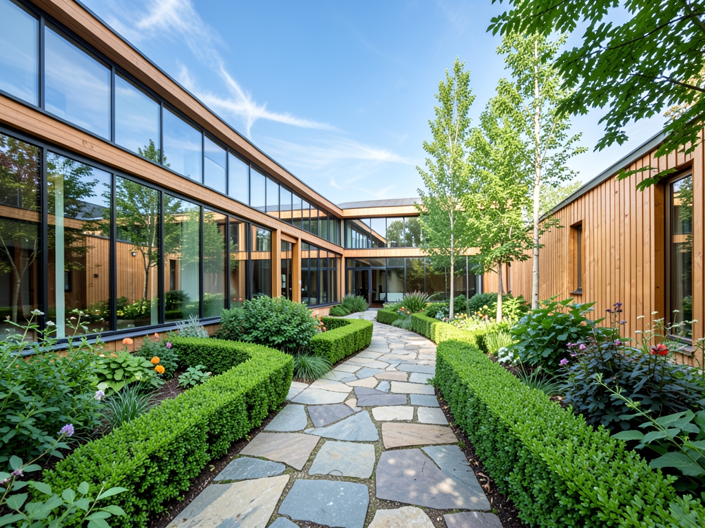 Airy sunlit clinic garden courtyard with glass wood