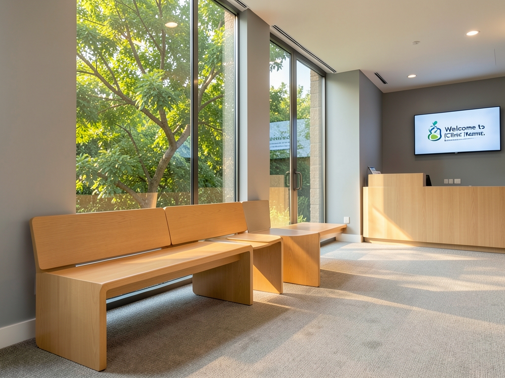 Sunlit modern clinic waiting area with light wood