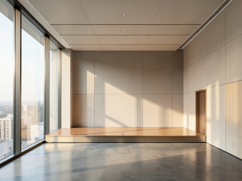minimalist conference hall bathed soft morning light featuring