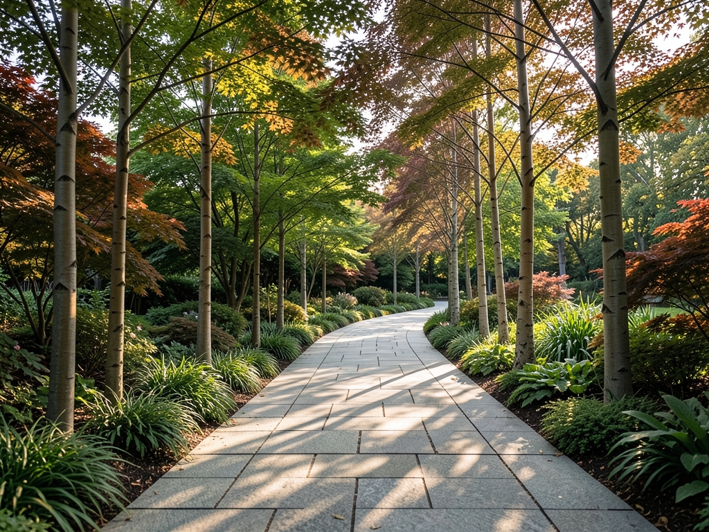 outdoor garden pathway lined with tall slender trees