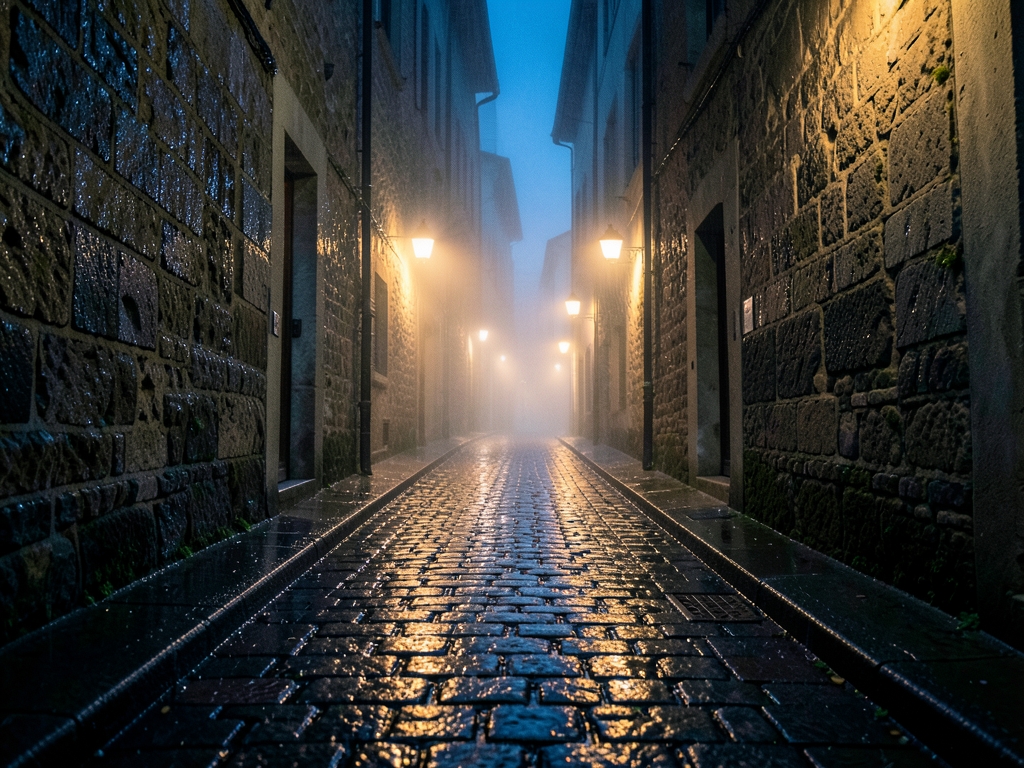 rain soaked cobblestone alley midnight faint amber streetlights bleeding