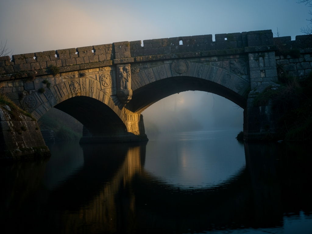 dimly stone bridge over dark river dawn golden