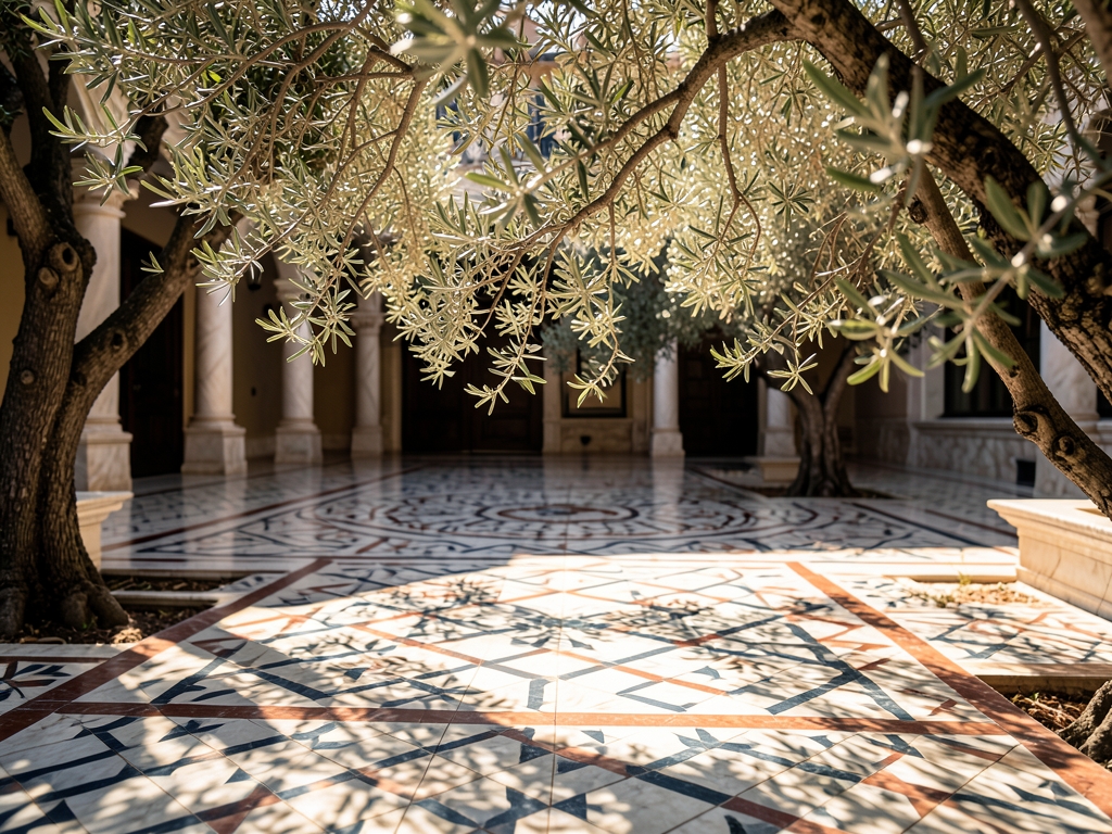 sunlit marble courtyard with intricate geometric tile patterns