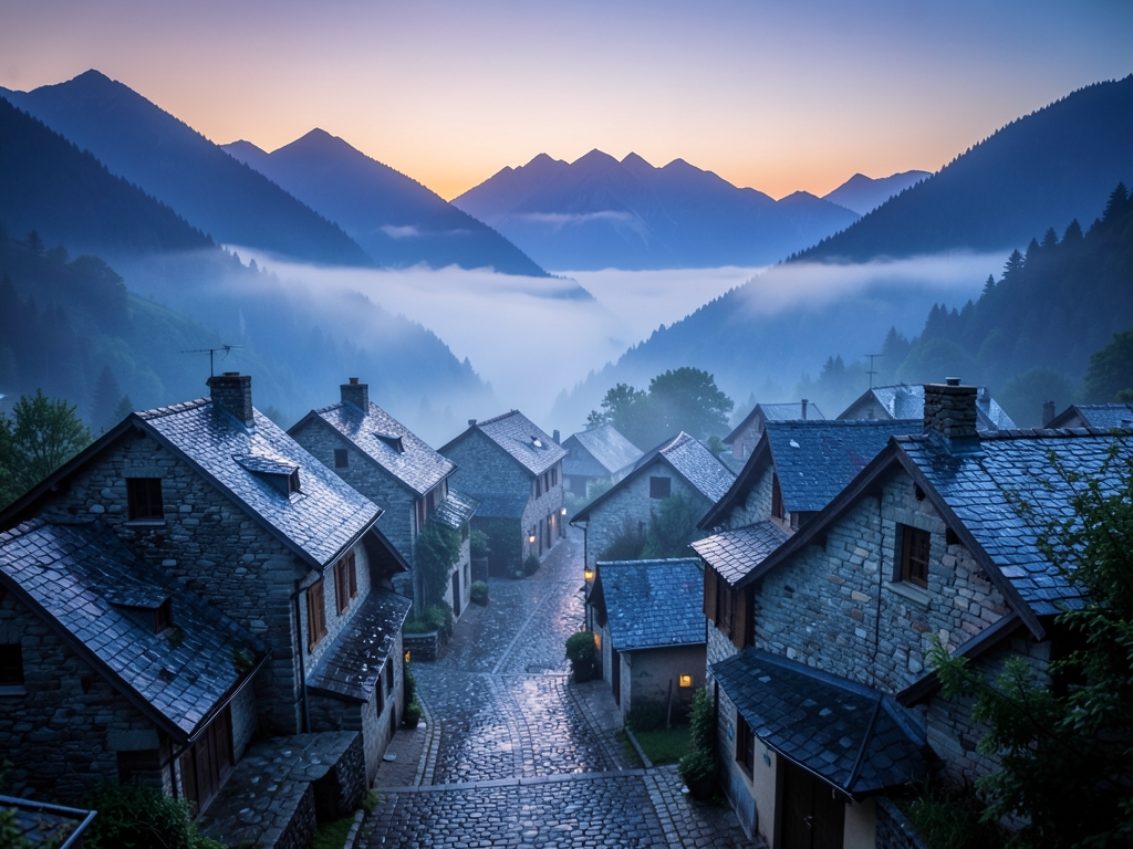 misty mountain village dawn with stone rooftops soft
