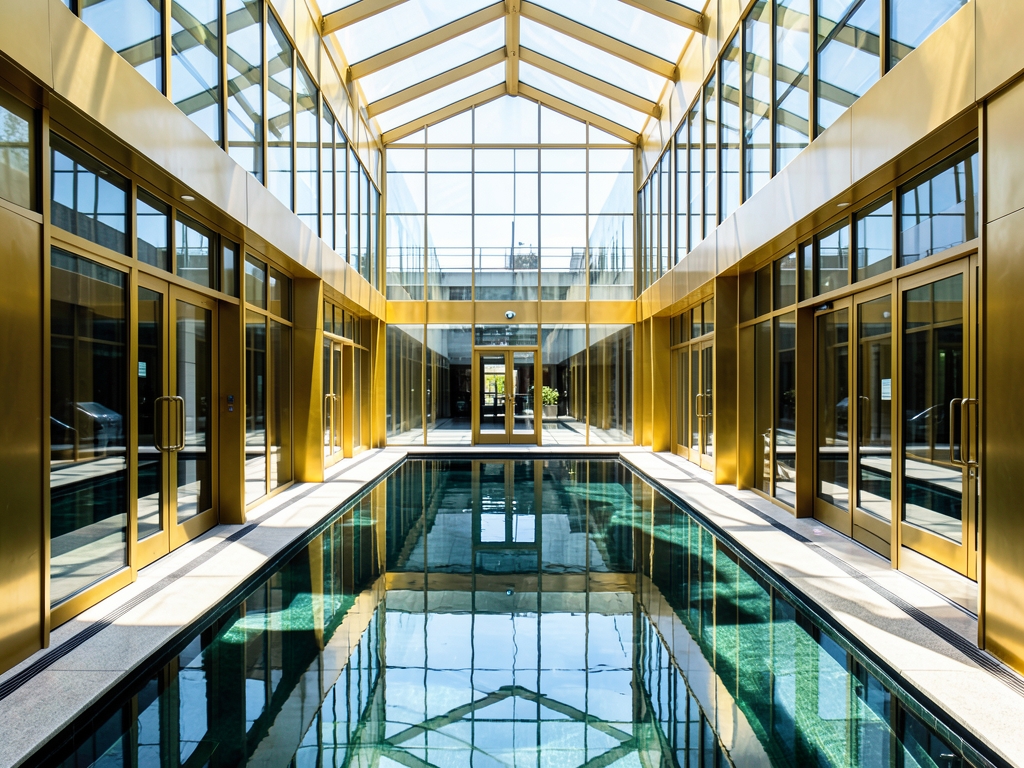 symmetrical glass and brass atrium under crisp midday sun twin