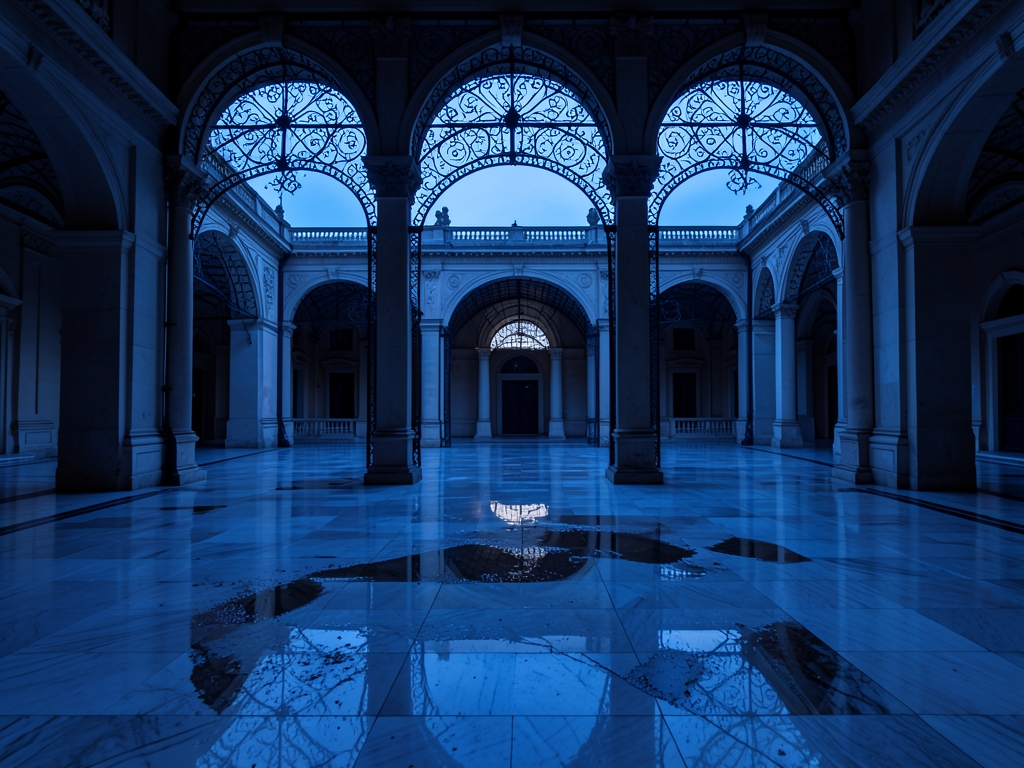 empty marble floored courtyard neoclassical Madrid building dusk cold