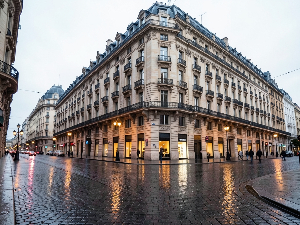 wide shot Madrid s limestone Gran façades under pale