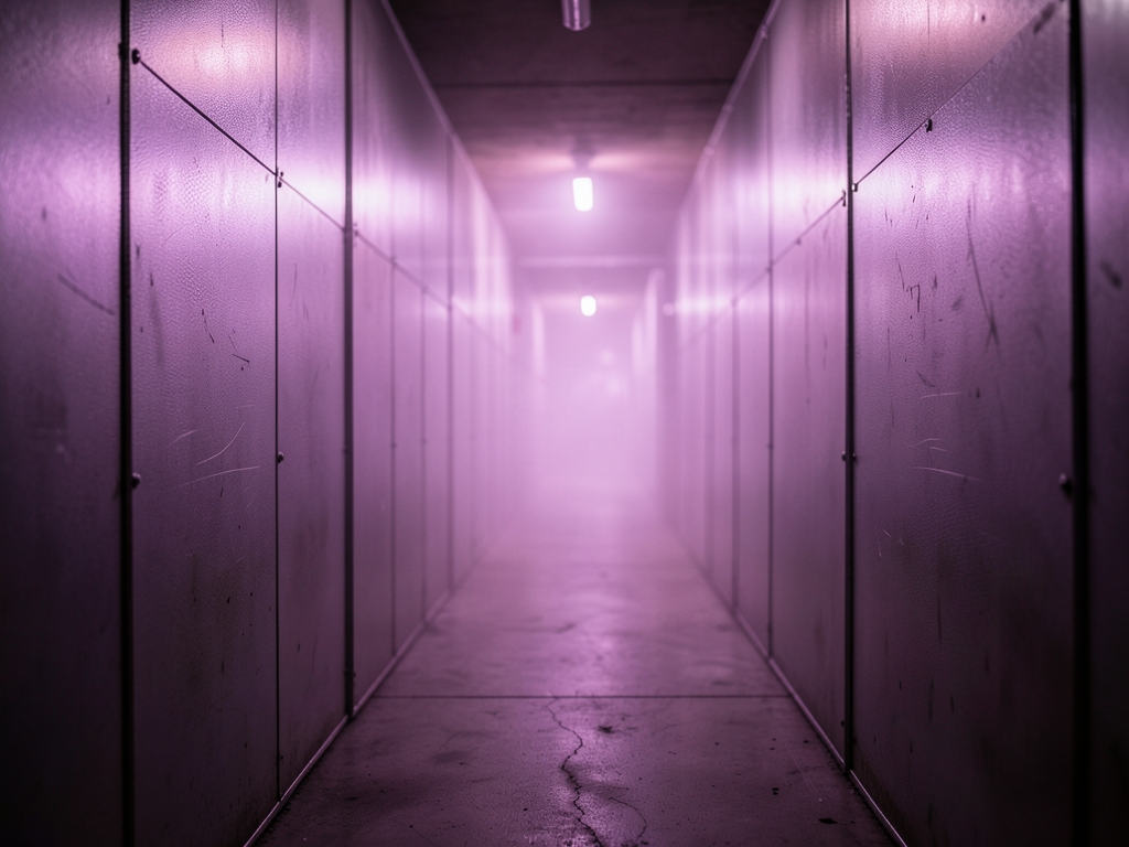 Dimly industrial corridor lined with brushed steel panels