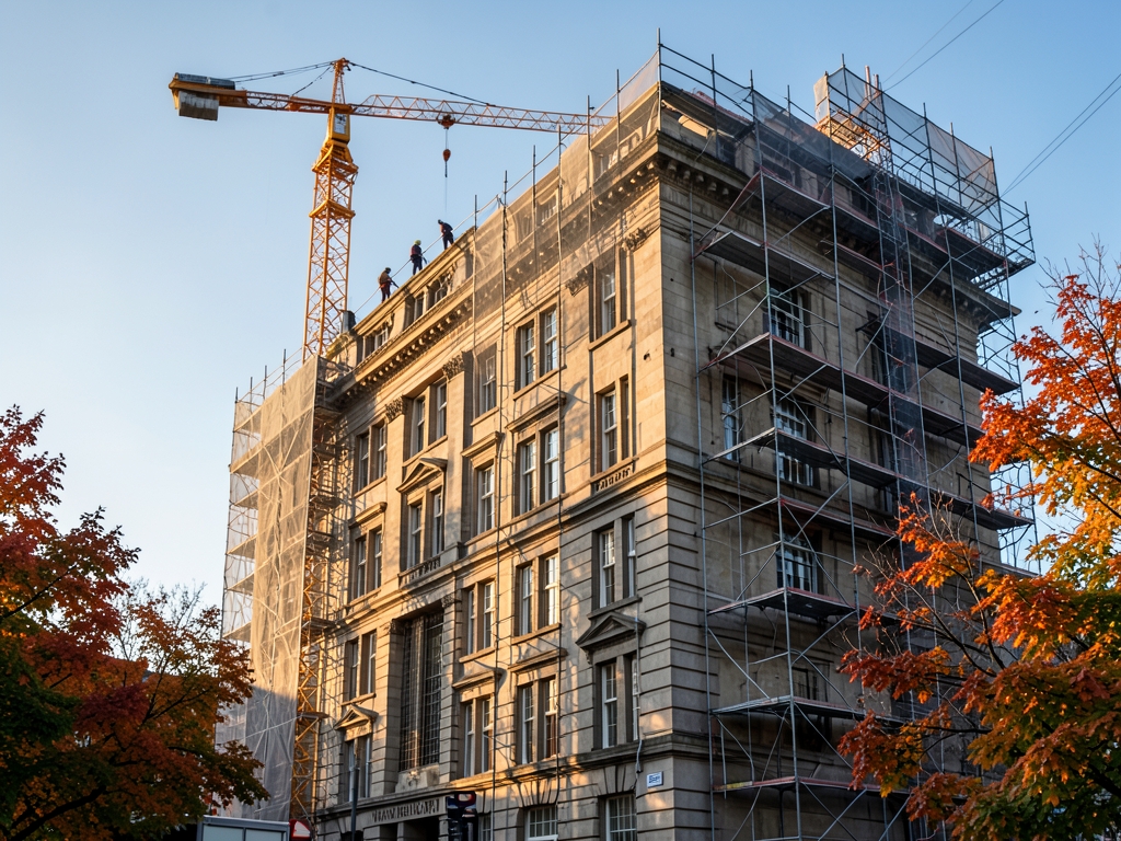 Scaffolding protective netting wrapping stately pre war stone office