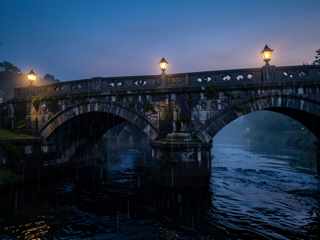rain soaked stone bridge over dark river twilight three