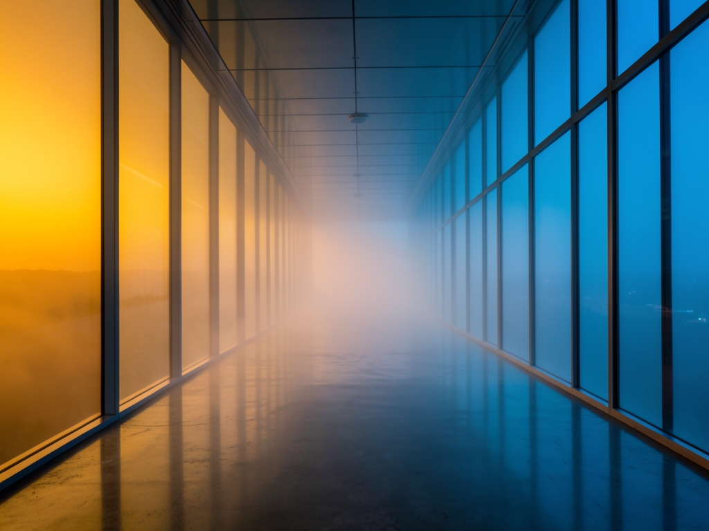 long glass corridor fading from warm amber light