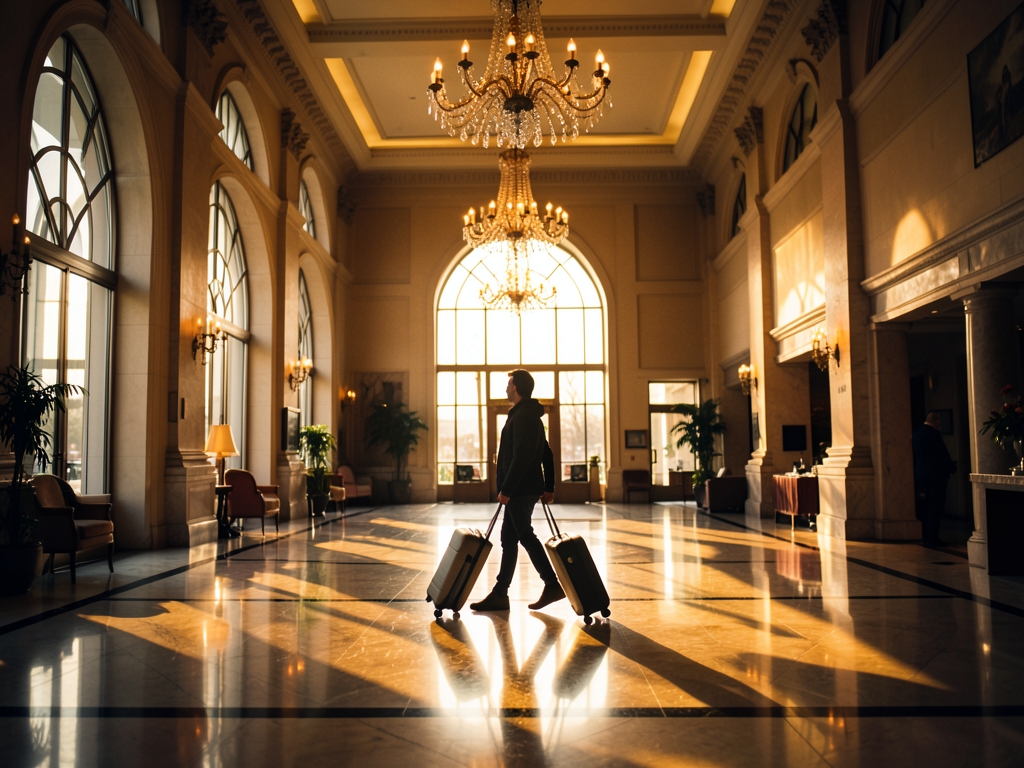 Grand hotel lobby golden hour polished marble floors
