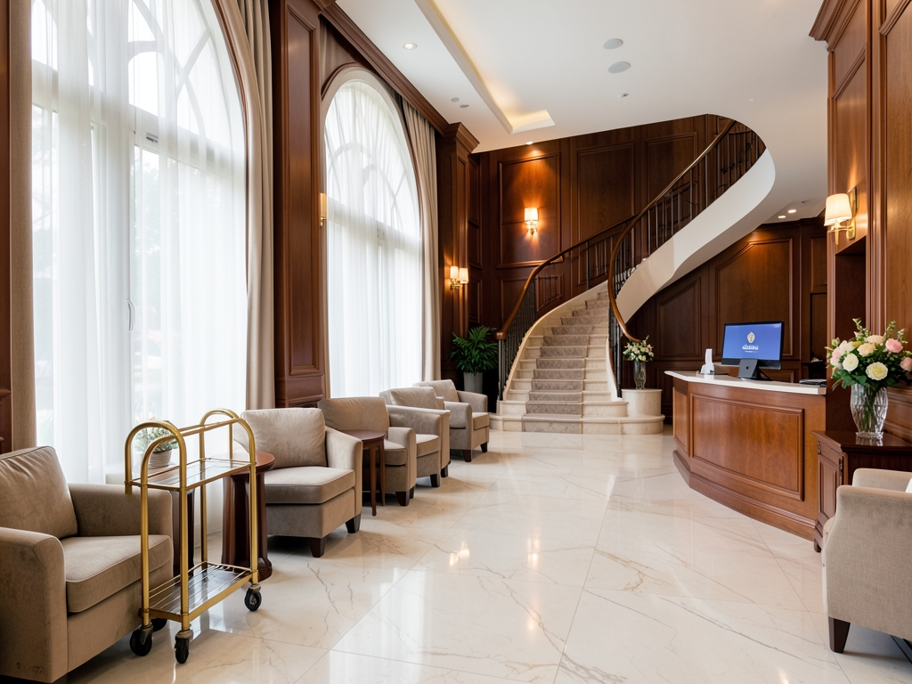 Bright elegant hotel lobby interior with marble floors