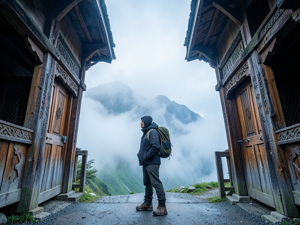 solitary traveler standing threshold fog covered mountain resort entrance