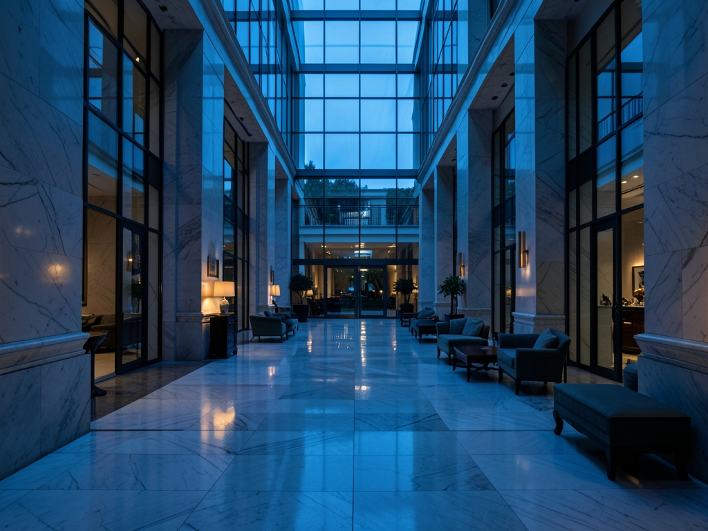 vast marble atrium luxury hotel dusk cold blue