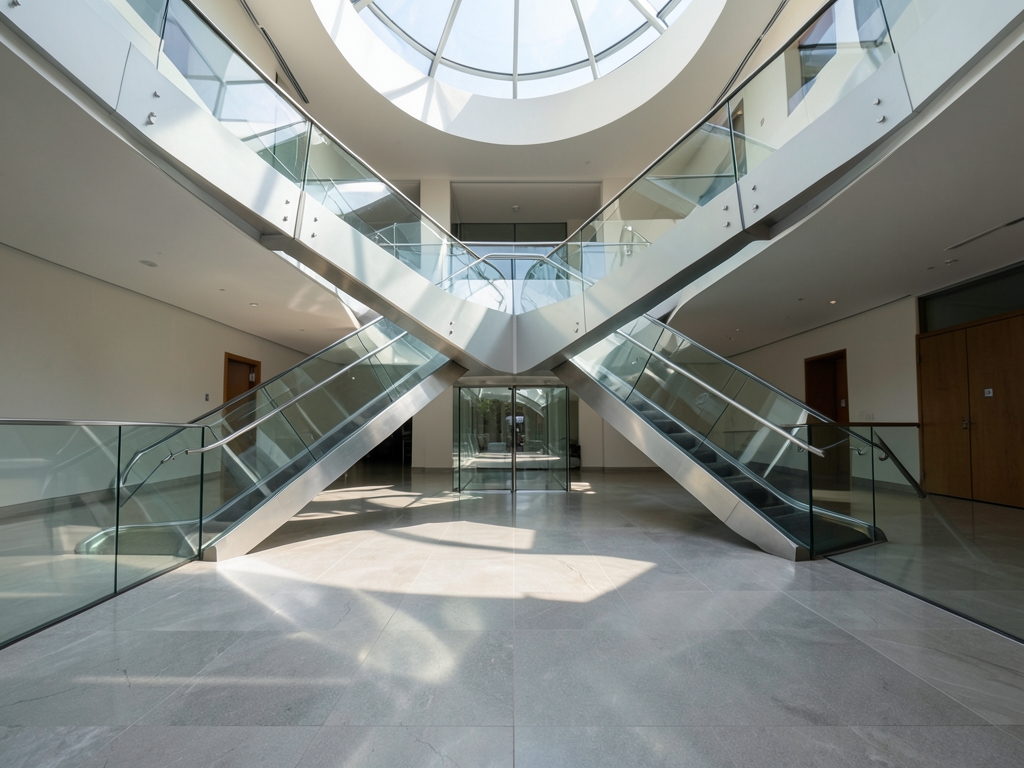 sunlit minimalist atrium with branching glass walkways converging