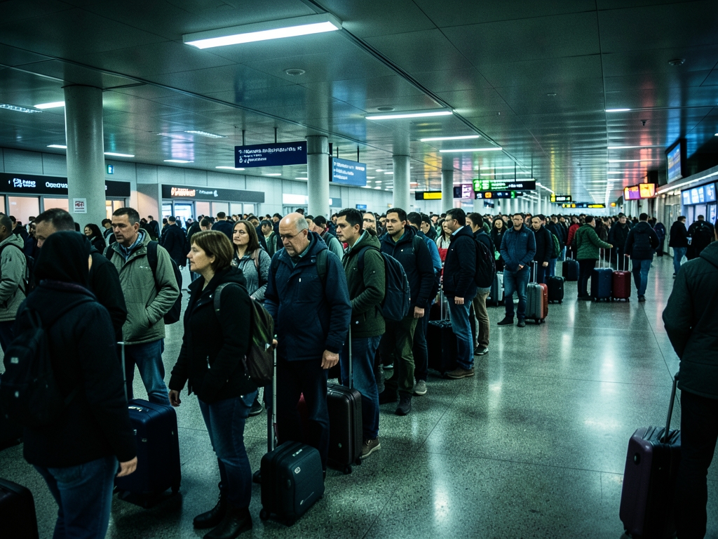 dimly airport terminal with long snaking queue under