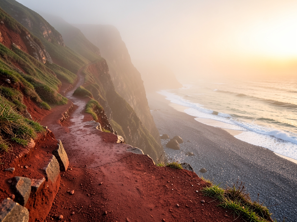 Windward cliffs wrapped thick morning fog earth trail