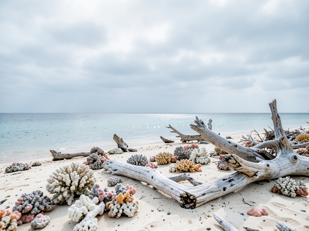 Long empty shoreline under overcast sky scattered coral