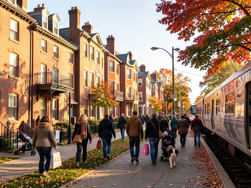 sunlit England town center with clustered low rise brick