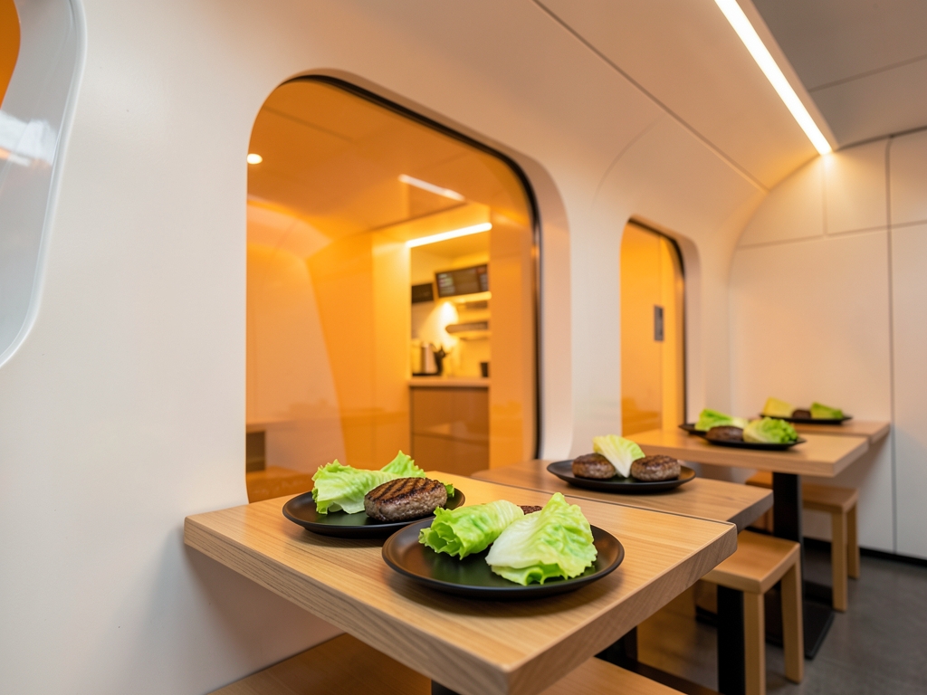 Sleek futuristic fast food pavilion with curved white composite