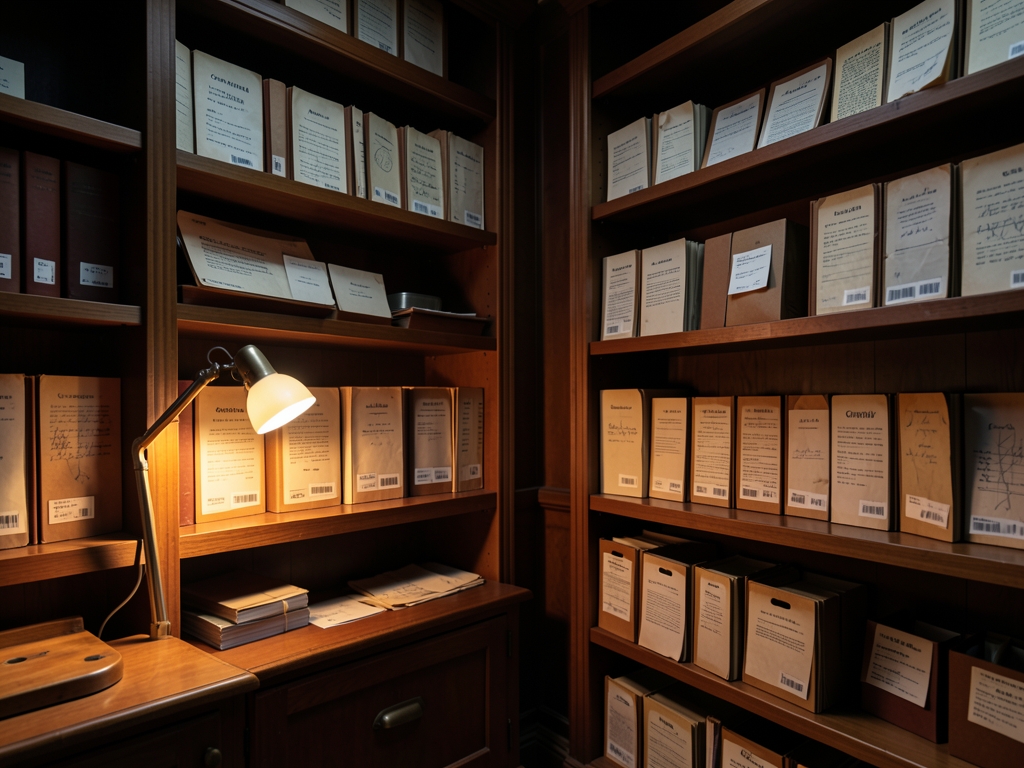 Quiet office archive room with wooden shelves paper
