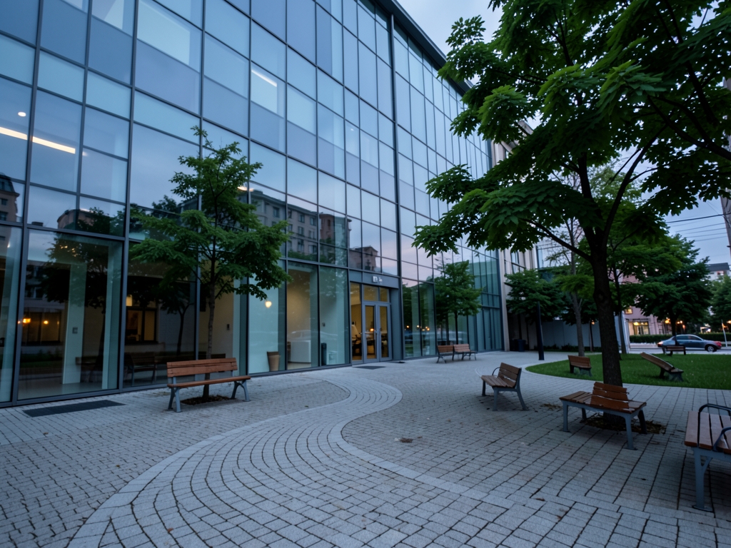 Quiet medical research building courtyard dusk with stone