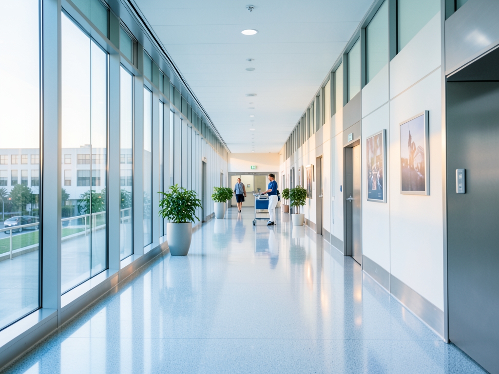 Bright modern hospital corridor with glass walls polished