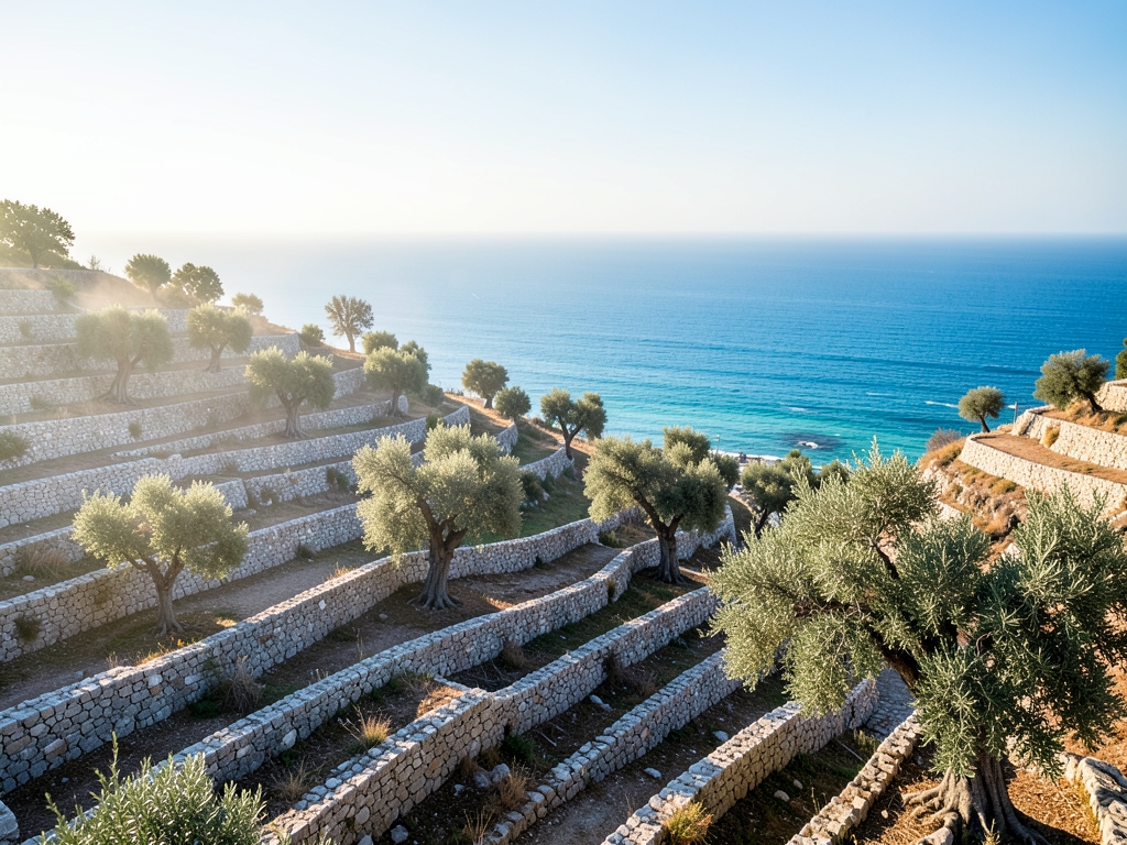 vast terraced hillside place ancient olive trees place material