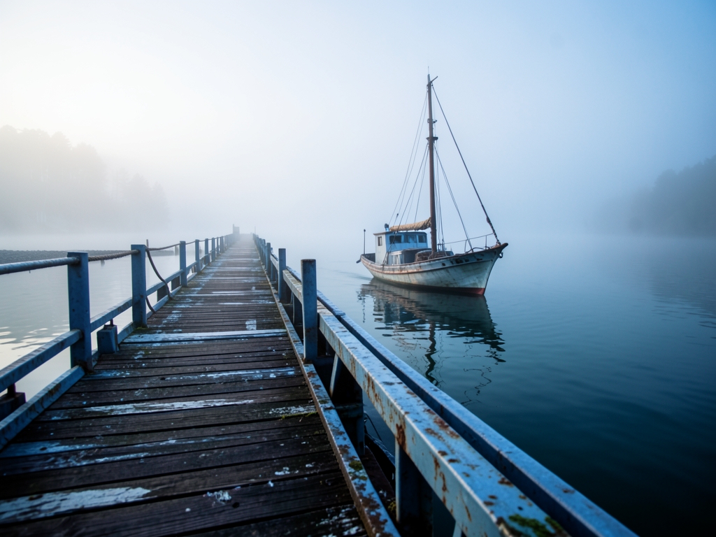 Misty harbor dawn with lone vessel easing from