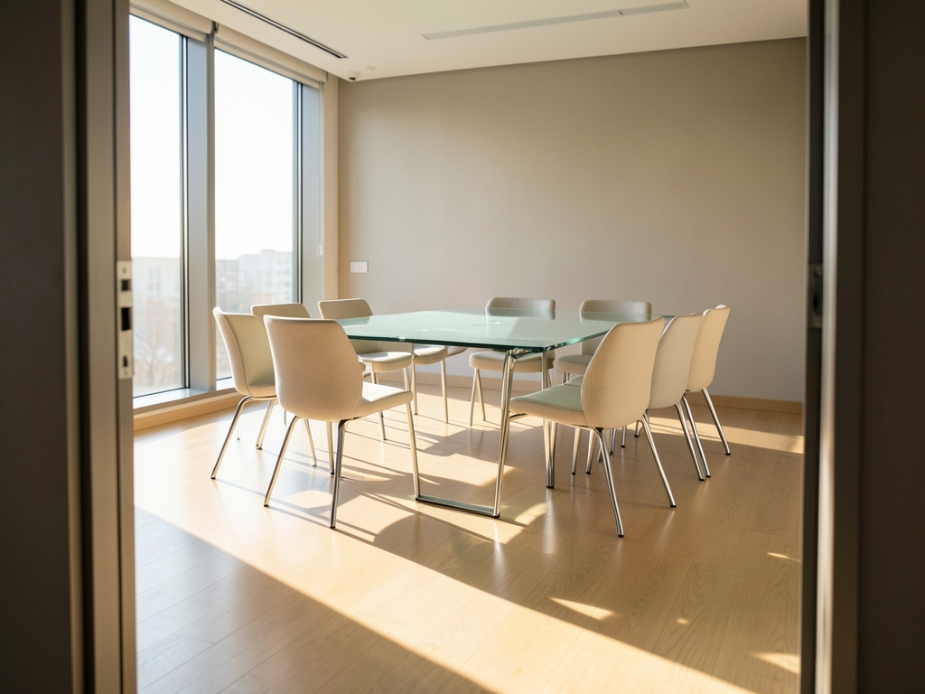 Sunlit minimalist conference room with empty chairs long