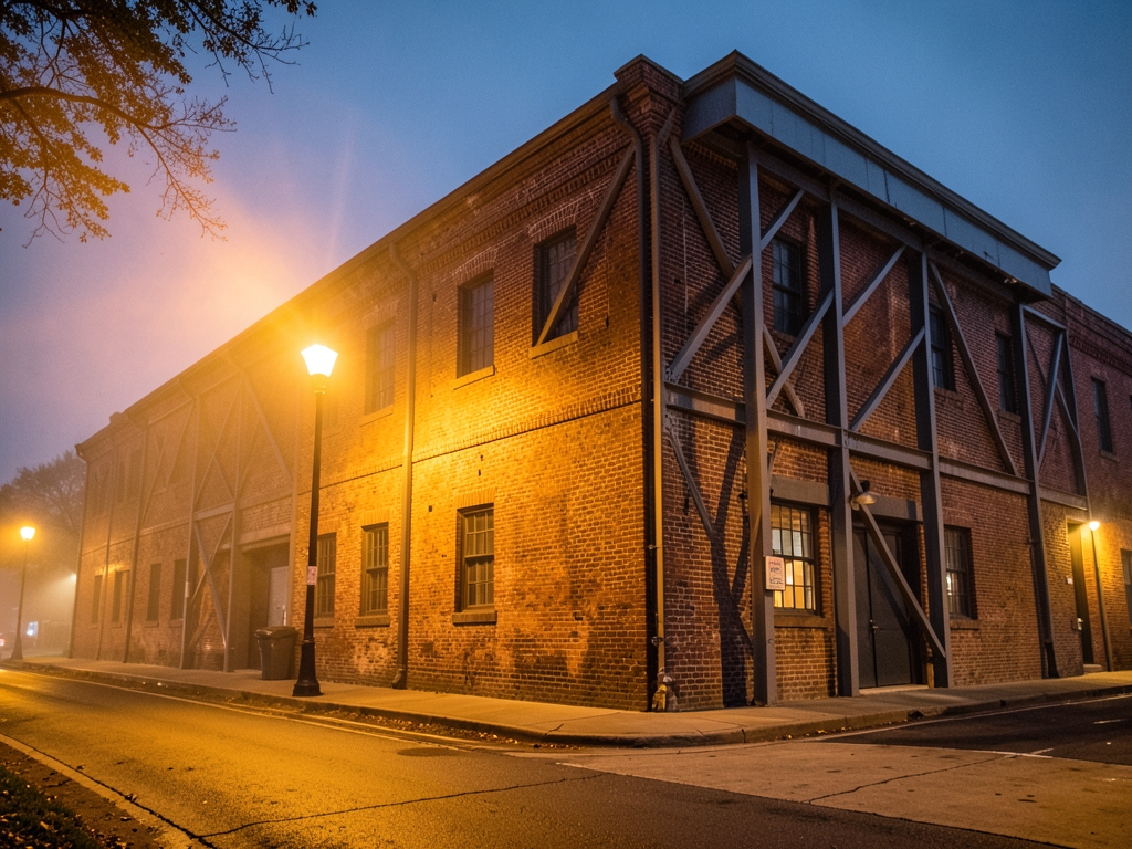 Dusk over Memphis brick warehouse retrofitted with exterior