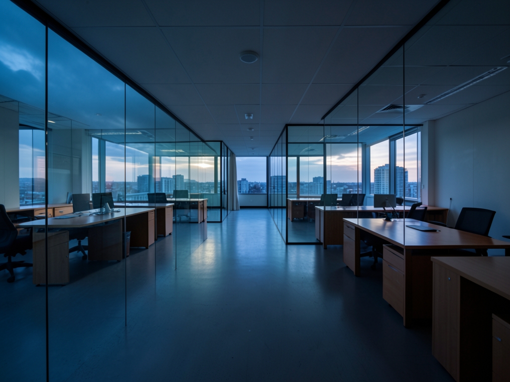 Empty modern office floor dusk with glass partitions