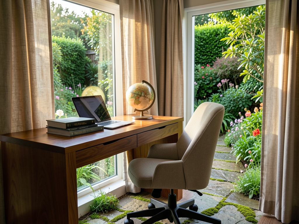 Sunlit cozy home workspace opening onto green garden
