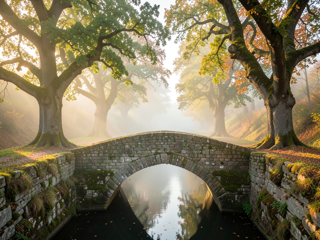 misty stone bridge over narrow ravine dawn three