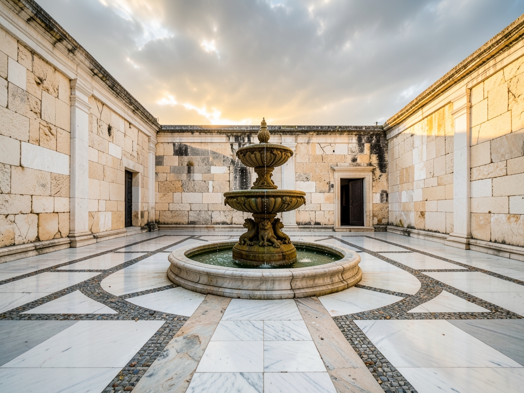 sunlit courtyard with three converging stone pathways meeting