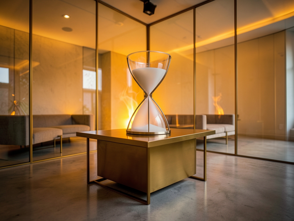 Inside minimalist lounge polished concrete brass abstract hourglass