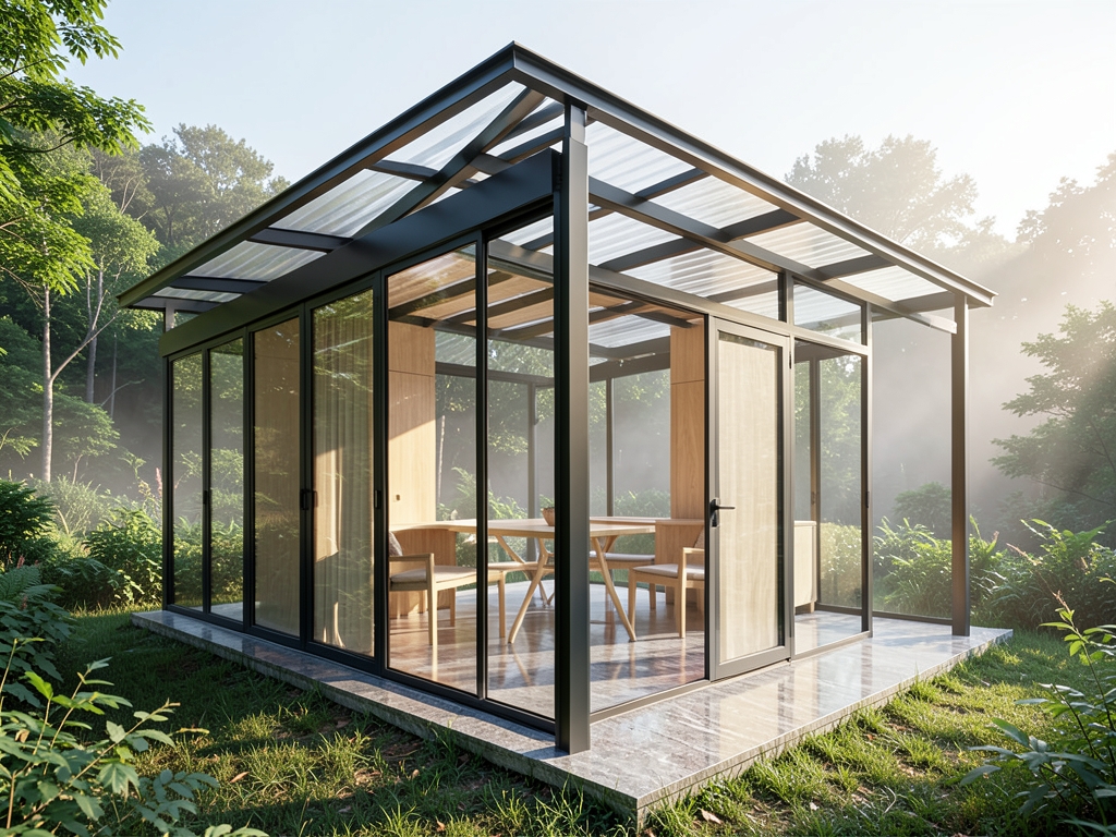 Sunlit modern triage pavilion with glass walls steel
