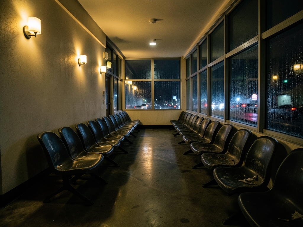 Quiet waiting hall night with empty rows chairs