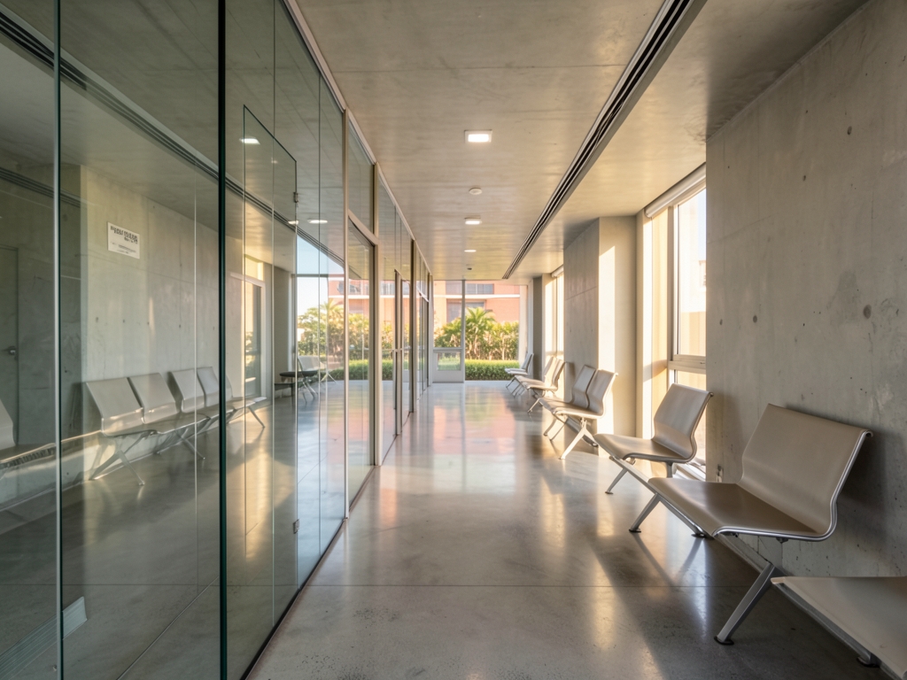 modern glass and concrete patent office corridor Mexico soft morning