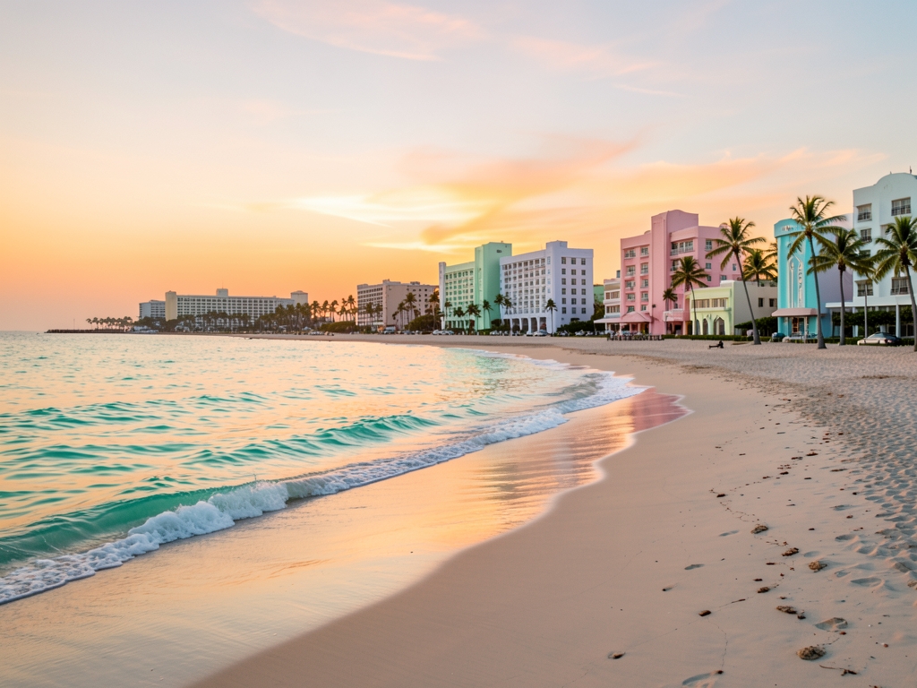 Turquoise Miami Beach shoreline sunrise with pastel deco